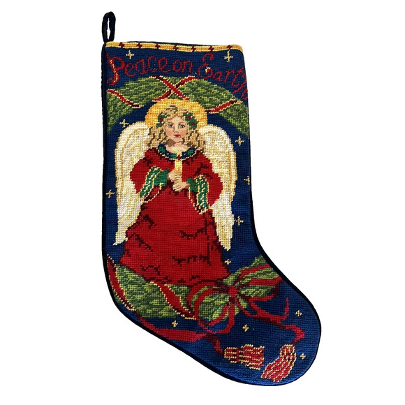 Vtg Wool Embroidered Needlepoint Wool Stocking Christmas Angel 17” Velvet - Picture 1 of 4
